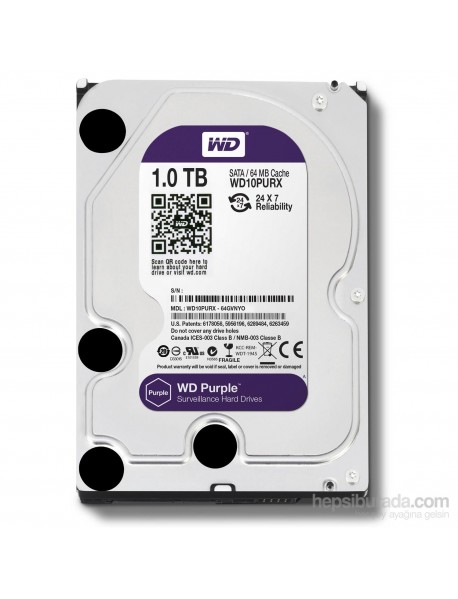 1 TB WD 3.5 PURPLE SATA3 5400RPM 64MB 7/24 GUVENLIK WD10PURZ (3 YIL RESMI DIST GARANTILI) 